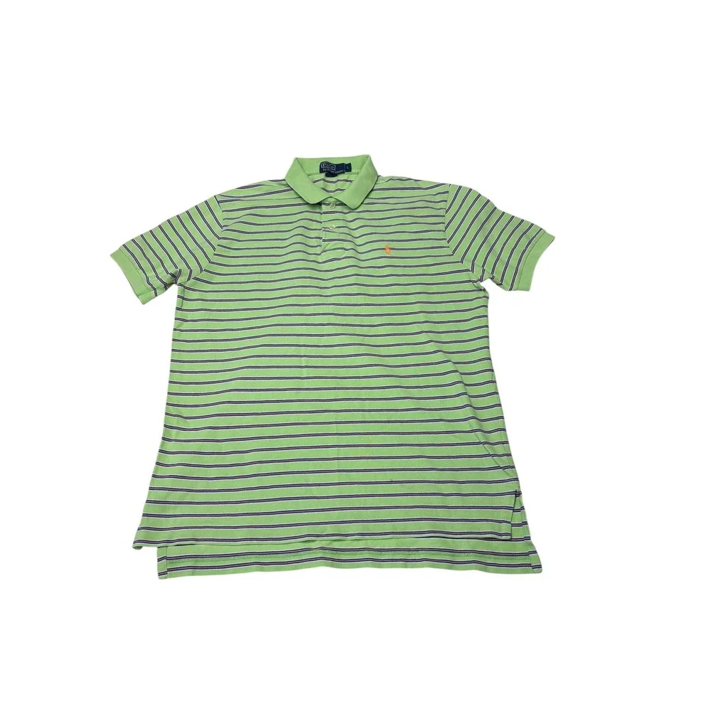 Polo Ralph Lauren Mens Large Green‎ Striped Short Sleeve Pique Polo Shirt L